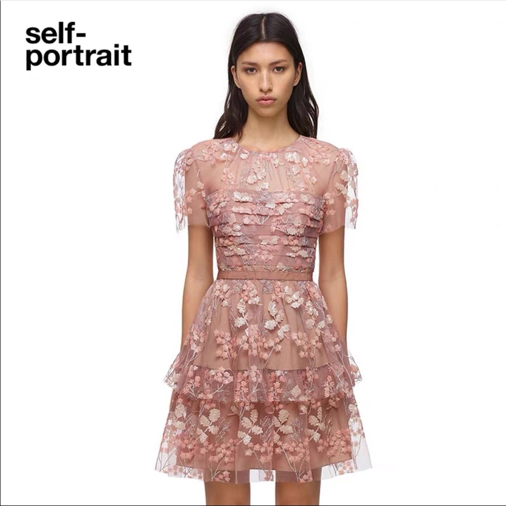 Self portrait flower mesh tiered mini dress